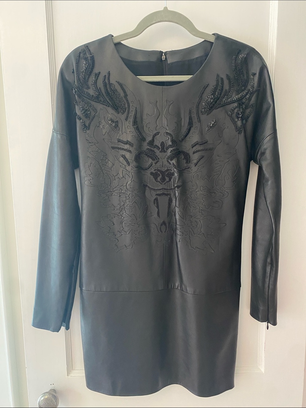 Lamb Leather & Silk Black Embellished Leather Shift Dress